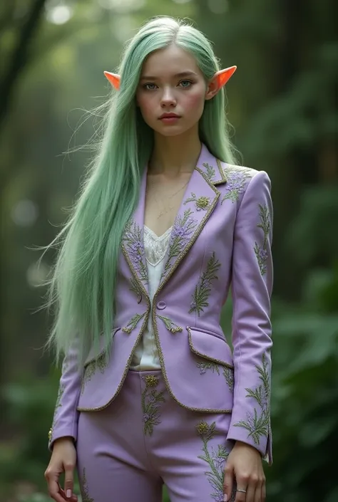 A female eladrin elf with round cheeks and long, pale green hair. She is wearing a mans medieval style suit. The suit is pale purple and has intricate green, lavender, and gold embroidery. 