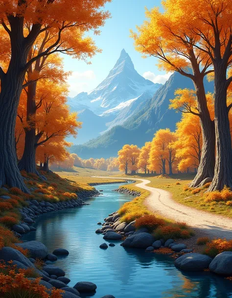 Create an image depicting an autumnal landscape during daylight with a crystal-clear river on the left side bordering a road to its right. Surround this setting with trees bearing vivid orange and yellow foliage. In the far background, render a sharply ris...