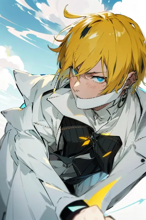 1male, young adult, short hair, black colored hair, yellow highlights, two toned hair, sky blue eyes, bleach, hueco mundo, arran...