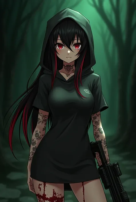 anime,  beautiful woman,  long black hair with red tips, red eyes, nice body,  tattoos on the arms and neck , black hood,  gun in its case on the right leg , gloomy background with green blood , night.