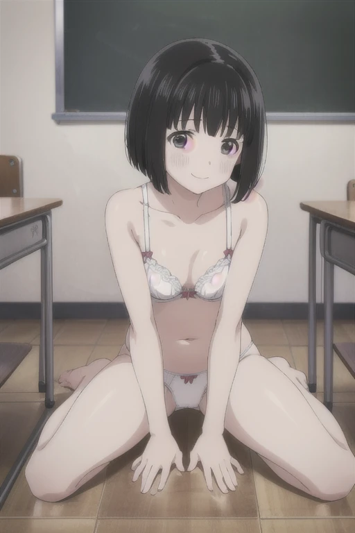 Alone,  1 girl,  Viewers, 2D, Anime, Anime coloring,  black hair、 short bob,whole body,Small breasts、 (classroom:1.3), Kogma,  cute white bra with hands on blackboard、Cute white panties、blush,smile、((( sits on the floor、Spread your legs wide)))