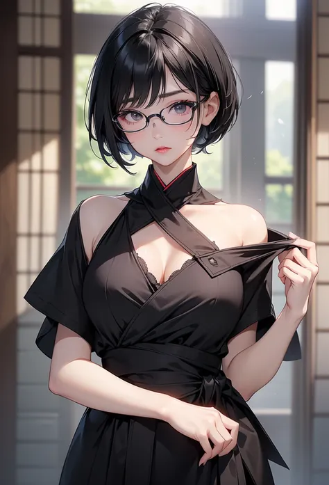 Wearing glasses、Double eyelids、 eyelash 、 lip detail 、(( Black Short Bob Hair)))、(( border depth writing )) Proceed with caution 、((Age 35、 Japanese woman with a viewing angle of))、((( moderately fleshy body 、 tight waist )))、Front View、Belly-baring T-shir...