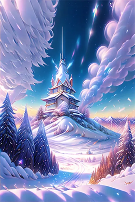 (masterpiece, best quality:1.2),  picture of landscape seen with a wide-angle lens 、 snowy landscape spreading out of the hill 、The sun rises、 snow piled up on the ground and the effect of the sky sparkling、 imaginary、 fairy tale、 bright blue sky clear 、Wh...