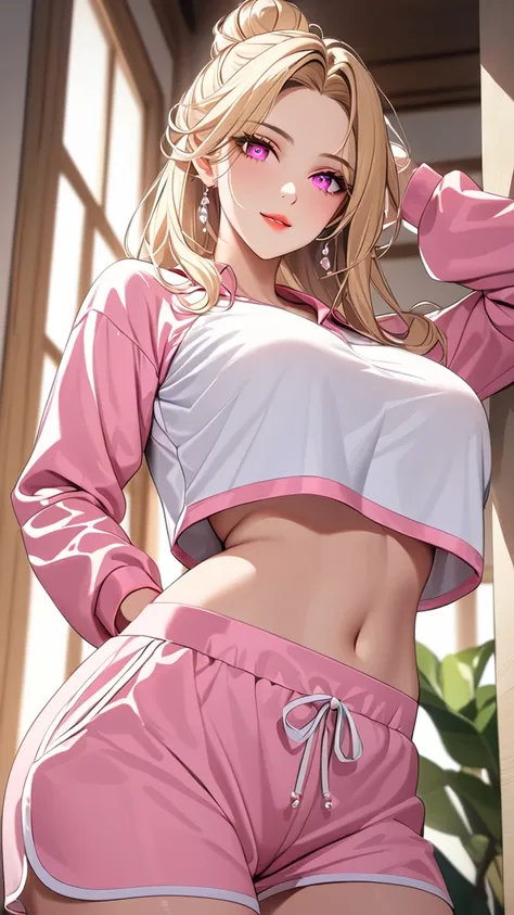 Highest quality　masterpiece　High resolution　masterpiece, blonde messy bun hair, thick and beautiful hair, middle parted hair 　pink glowing Eyes, seductive lips, teasing smile, long sleeves pajamas, crop top overhang, big breast, make up, very beautiful , l...