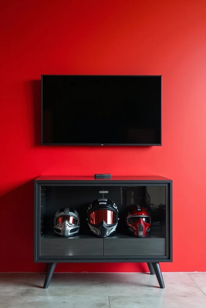 (Red wall mounting tv on wall  with transparent helmet storage for bikers with bikers design)
Unique design 