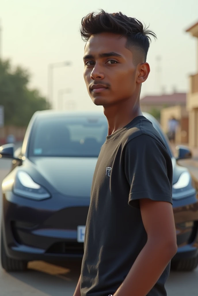 An indian boy his age 17 he wears Android watch his face is oval his haircut is texture crop he stands in the place of foreign country his behind the car of Tesla the photo is realistic 