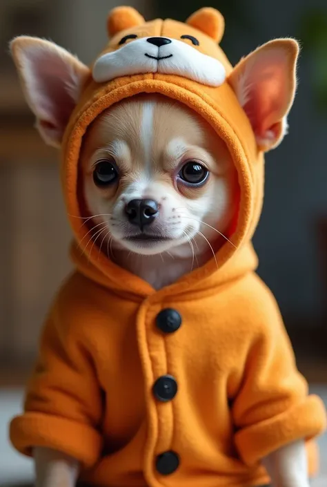     The puppy is wearing a Halloween costume，   costume full body   ，Bipedal Dog， The dog is a chihuahua ，   realistic dog   ，High image quality，Bipedal Dog，Cute dog，  realistic dog  ，The dog is wearing a hat shaped like a kagami mochi  ，Bipedal Dog、The do...