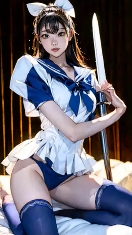 Create an image of a beautiful Japanese girl wearing a sailor suit and black knee socks holding a blue sword。The sword creates an electric effect around it.。She is a beautiful girl with beautiful proportions.。The girl raised the sword as if preparing it.。k...