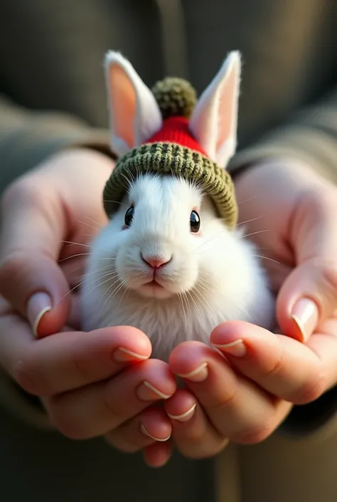 Draw a white rabbit wearing a Christmas hat inside a human palm, 