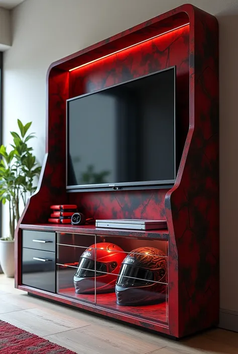 (Red wall tv unit  with transparent helmet storage for bikers with bikers design)
Unique design 