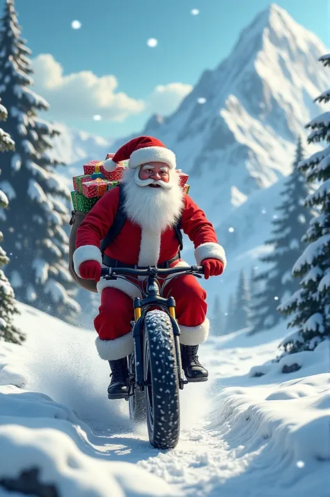 Santa giving toys on MTB bike in the mountains 