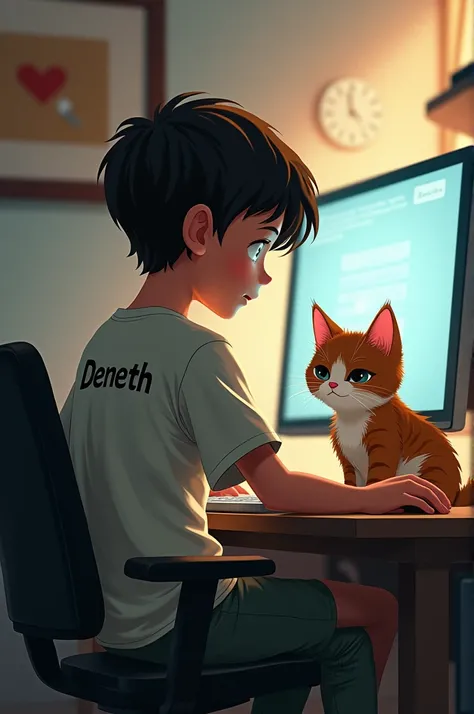 A boy in a shirt with deneth written on the back is working at a computer with looking cat