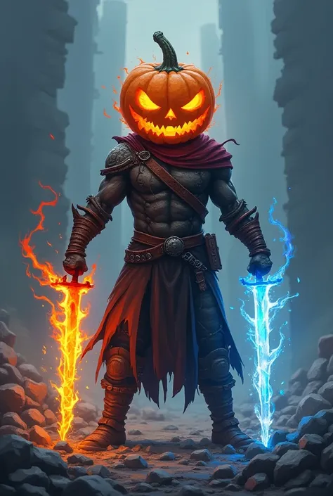 a man with a pumpkin head who has the power of ice and fire with a fire sword in his left hand and an ice sword in his right hand standing in a pile of s.pixel style