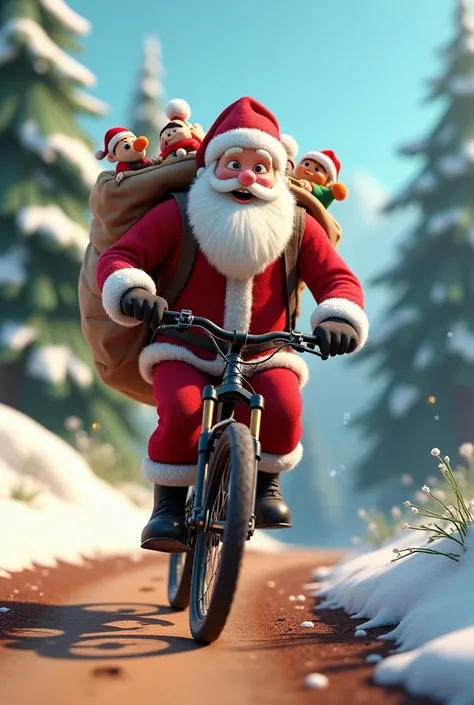 Animated Santa delivering toy on MTB bike on dirt road
