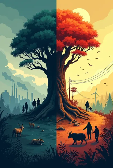 Cute environment poster (half poster all people wear mask, animals die, dead tree due with pollution weather in dark colour) and another (half poster clean with animals, tree and flower people without mask in shine colour)