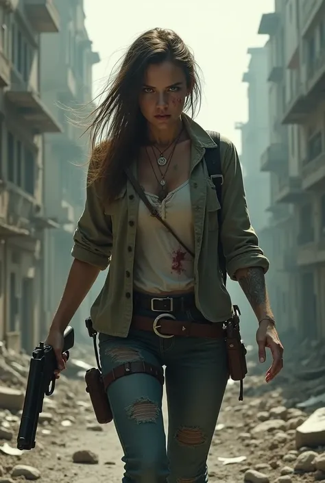 A woman in a zombie apocalypse with a gun in her hand