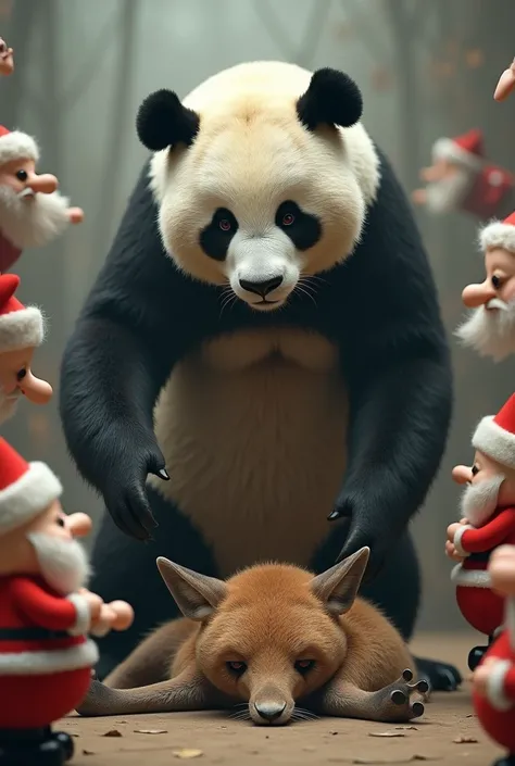 Picture where a panda is stepping on the head of a kangaroo lying on the floor and there are several Santa Clous around