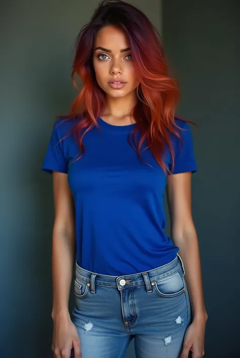  best quality ,  porn movie , 4K,  a beautiful woman wearing a royal blue t-shirt,  with faded jeans ,  realistic skin texture , looking at the camera, dinamic lighting .  purple and orange hair , purple eyes, VARIOUS POSES, mamilos rigidos, pele hiper rea...