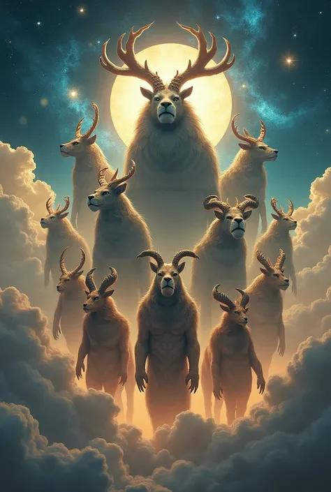 All of the Zodiac Signs as powerful animalistic gods standing in the clouds on looking down at the earth below. 