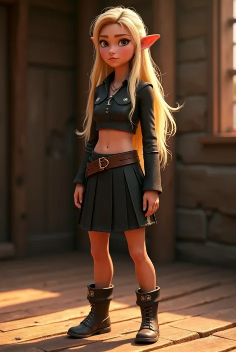 astrid hofferson from how to train your dragon.(blond hair) weering a black skirt und black crop top. stand on a wooden floor. 3d animation style cgi