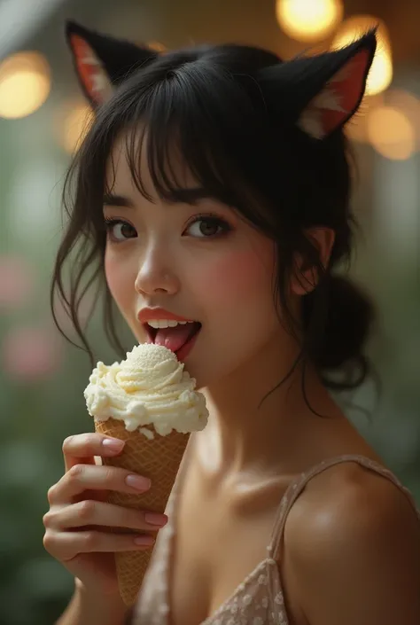 The animal-eared woman is licking ice cream 