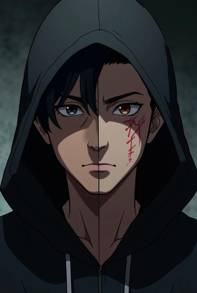 A 20-year-old young man on shape anime, he lives his life with 2 different roles. The right face depicts him as a vigilante (there are a few scratches on his face) while the left face depicts him as a lawyer. This image is animated and focuses on the face ...