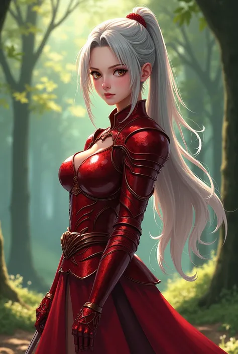  Anime Character Art、Cool Crimson Armor 、 Silver Hair、 ponytail、glare、skirt、 white skin、 medieval European style、 textured skin, In the forest