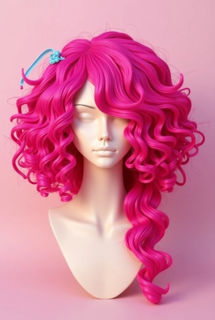 Create an image of a hot pink wig. The hair is curly, there is a single long ponytail, and the hair tie is light blue. Make the pony tail go to the side.