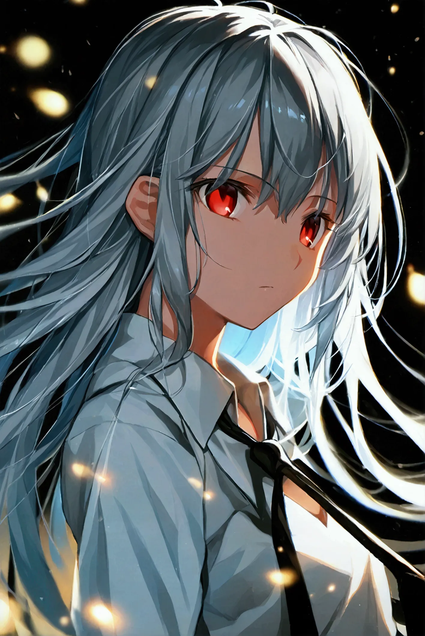 1 girl, long hair, gray hair, red eyes,  no emotion,  simple background,  shirt, black tie, young,  characters, anime