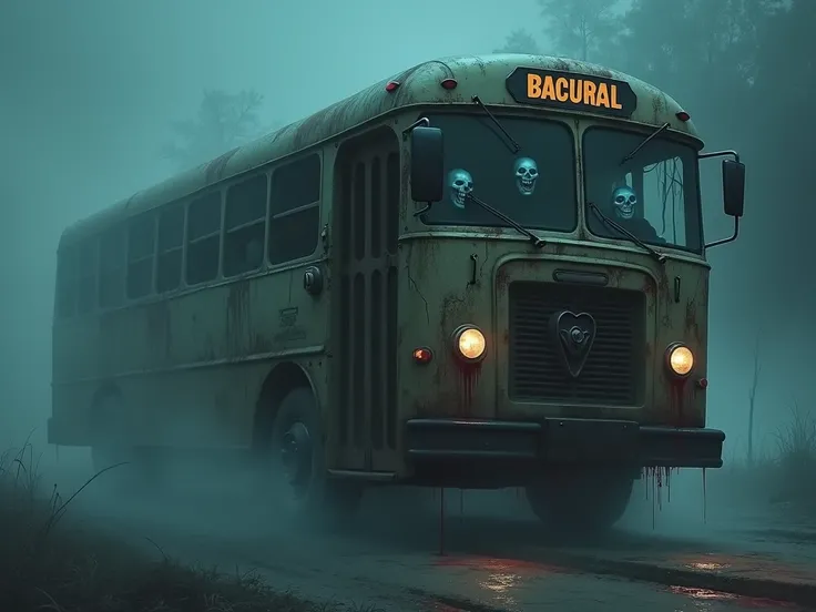  The creepy bus , "Bacural ",  rolls through a foggy night ,  with blood dripping from its cracked doors .  paranormal figures , show their sinister smiles reflecting the fear of unaware passengers.