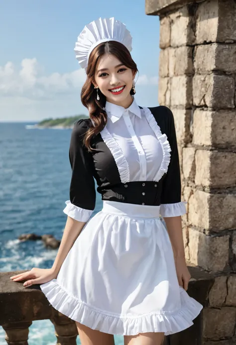 masterpiece, best quality, soft light, ultra high resolution, (photorealistic:1.4), Raw photo, 1 woman, ((beautiful woman)), cute type, ((Cute ocean maid outfit, white maid headdress, black shirt, black skirt, white frill apron, black ruffled choker, earri...