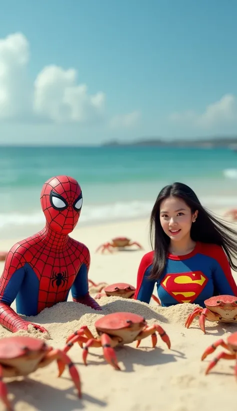 Create a whimsical beach scene featuring two fictional superheroes buried in sand, surrounded by playful crabs. One is realistic spider man in vibrant red and blue suit with a web pattern while the other is beautiful hot  indonesian woman in super man  out...