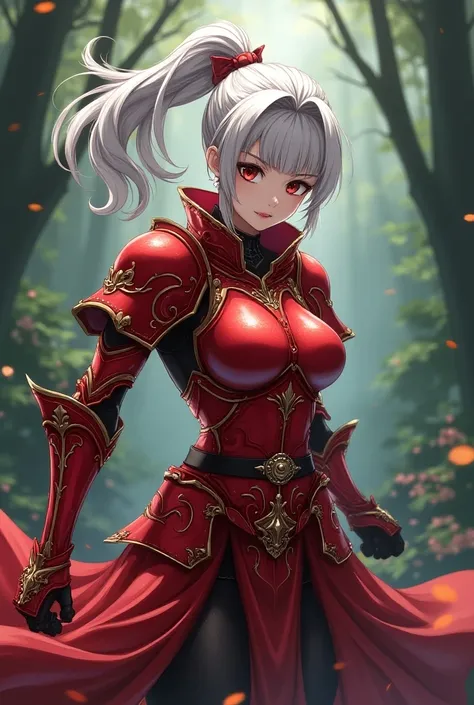  Anime Character Art、Cool Crimson Armor 、 Silver Hair、 ponytail、glare、skirt、 white skin、 medieval European style、 In the forest、get angry、Japanese style anime