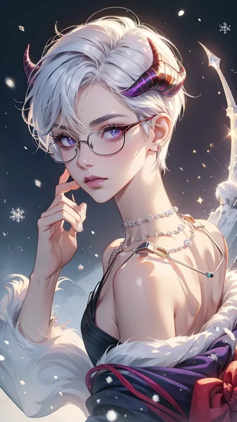 8k, masterpiece, best quality, highly detailed, 1 girl, devil, demon horns, warlock, pixie cut, white hair, multicolored hair, very short straight hair, red highlight hair on white hair, stippled hair, wearing glasses, round glasses, earrings, red eyeshado...