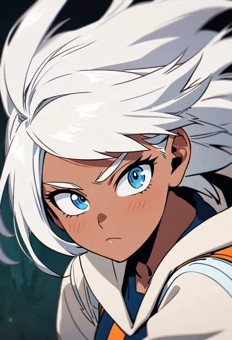 A female heroine with white hair,  light blue eyes , tom with dark skin. The creation must be in the style of the anime “My Hero Academia”