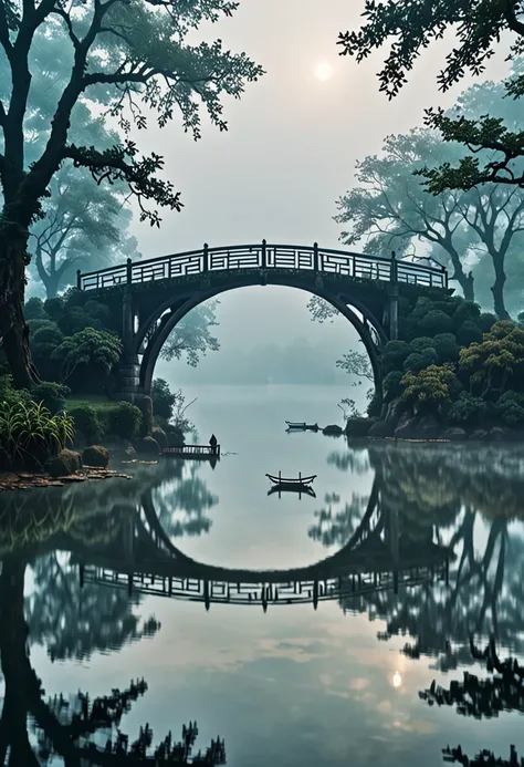  An old bridge over a lake shrouded in fog、I can see a figure on the bridge 、 I dont know where it leads 、 imaginary、Mysterious、 best quality、High image quality、masterpiece、wallpaper、8k、