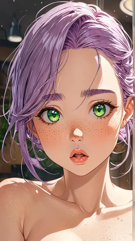 (masterpiece, highres, high resolution:1.2), anime 20 yo girl, portrait, shoulders up, illustration. drawn, violet hair woman, green eyes, blushing, solo, surprised, freckles, big lips, huge breasts, perfect body, wearing a tube top, no hands.