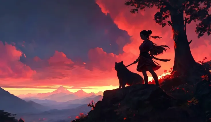 The Indonesian actress (heroine) stands atop a mountain, her silhouette framed by a fiery red sky, holding a ceremonial weapon glowing faintly.