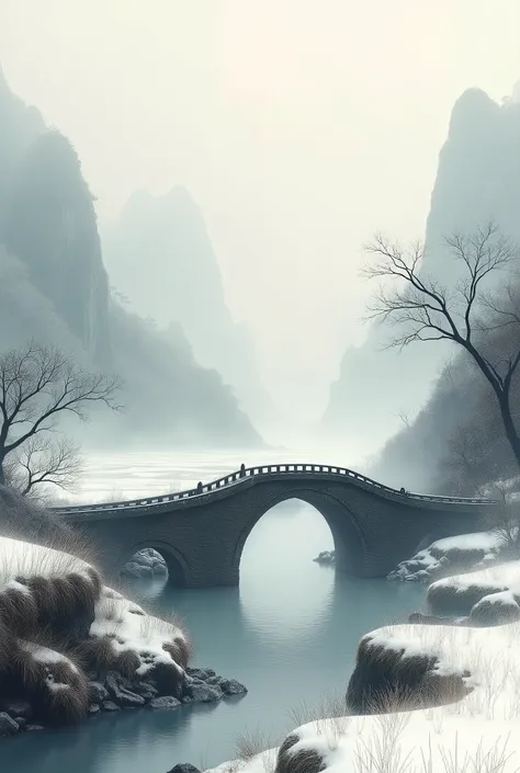 background, , non-people, ink painting, deep fog, stream, bridge hidden in the fog, Ancient small bridge in the Fog, a small bridge over the stream, rice field, Guilin Gorge, in the snow, snow scene