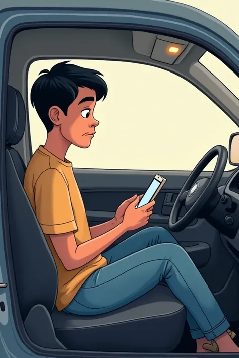 Black-haired white man ,  inside a car holding a cellphone. Cartoon 
