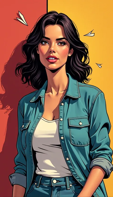 DISCREET image. image adult woman, american, comic book style. DISTRACTED. with a discreet smile. IMAGES WITH VIBRANT COLORS. with discreet casual clothes