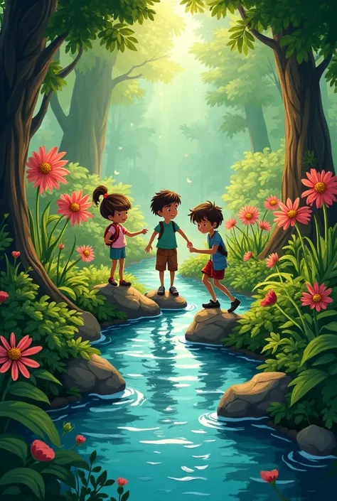 Together they ventured through the forest, facing challenges like a tricky river and a maze of tall flowers. But they supported each other, using their unique skills.

Image Prompt: "An adventurous illustration of the ren working together: Mia is leading t...