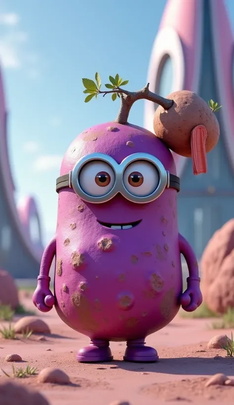 photography, ultra realistic, a purple sweet potato with imperfections and small roots in the Minion style skin, 8k, future, carrying a small bundle of clothes attached to a thin tree branch on the shoulder