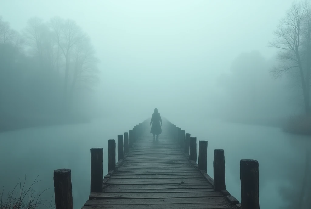  An old bridge over a lake shrouded in fog、I can see a figure on the bridge 、 I dont know where it leads 、 imaginary、Mysterious、 best quality、High image quality、masterpiece、wallpaper、8k、