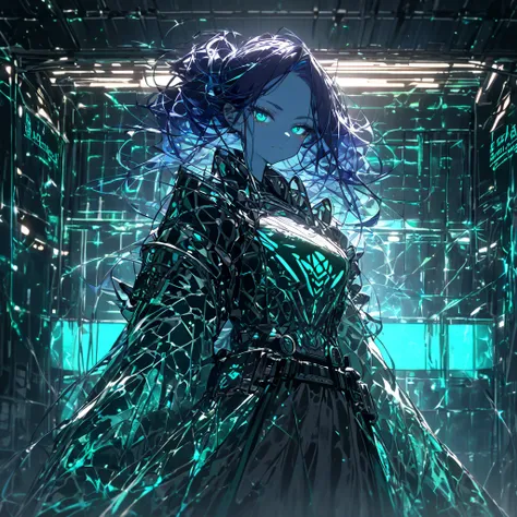 1girl. Appearance: Deep indigo hair with metallic green highlights, styled in a windswept, slightly messy look. Ice-blue eyes with a sharp, intense gaze. Iridescent bronze skin with a faint shimmer, accented by soft teal bioluminescent markings flowing in ...