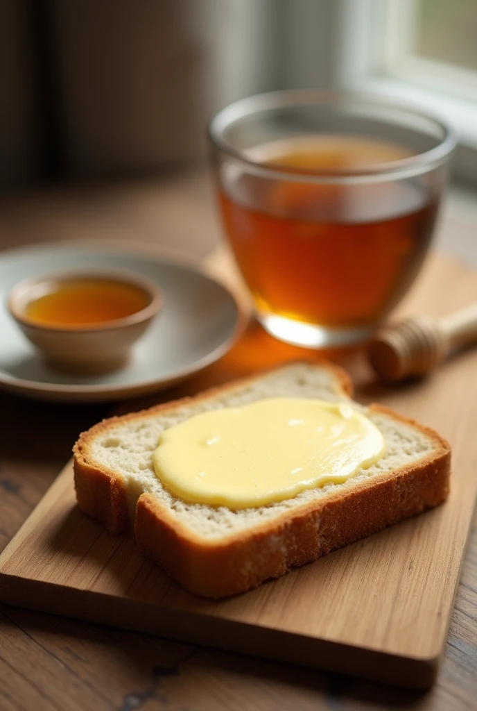 Wide-angle shot of a slice of bread spread with butter, placed on a wooden table with a small bowl of honey and a cup of tea beside it. The bread is angled slightly to the side, creating ample space in the center for a box of butter to be placed. The light...