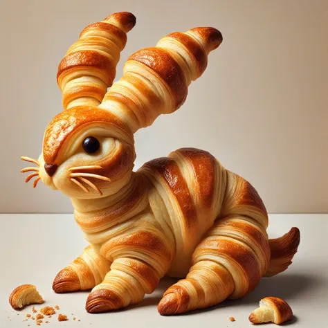  rabbit sitting pose made of croissants。arafly shaped Pastries cat sitting on a table with croissants, animal - shaped bread, Pastries lizard,  goodny,  Hyperrealistic  ”, Hyper Real”, 「 super real , Pastries,  good ),  photorealistic”,  photorealistic,  s...