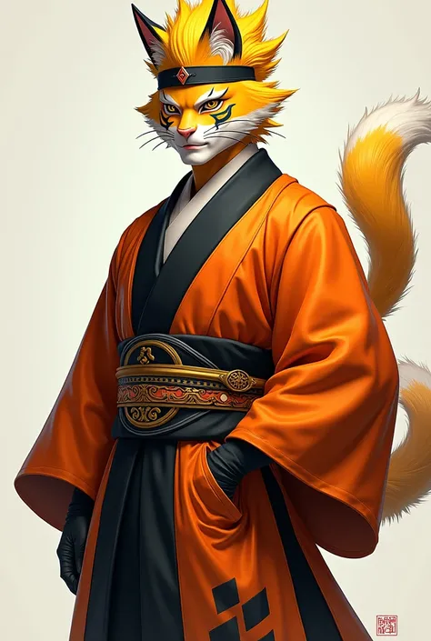 "Create a unique character that blends the traits of two iconic figures. Design a figure wearing traditional Japanese-inspired robes, incorporating a vibrant orange and black color scheme. Add intricate facial markings that seamlessly combine jagged patter...