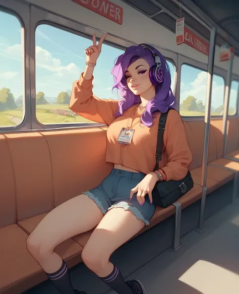 Purple Hair, girl,Im sitting on a train station platform bench wearing headphones