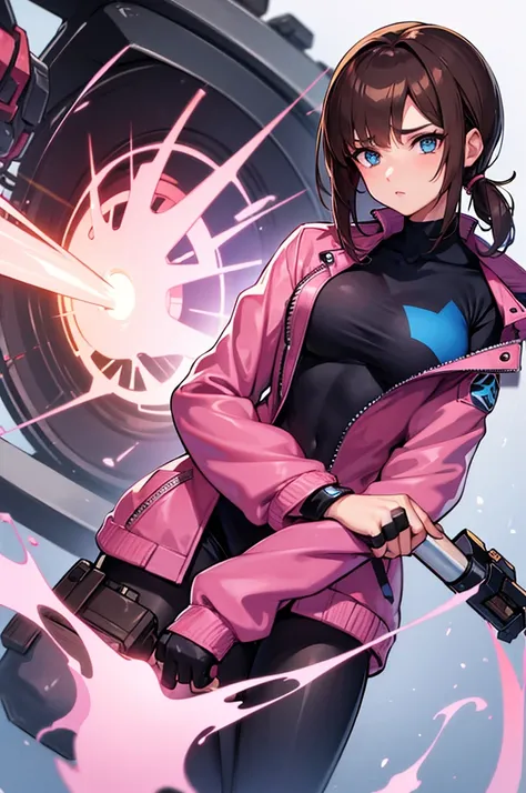 female mech mechanic with brown hair and blue eyes wearing a pink jacket